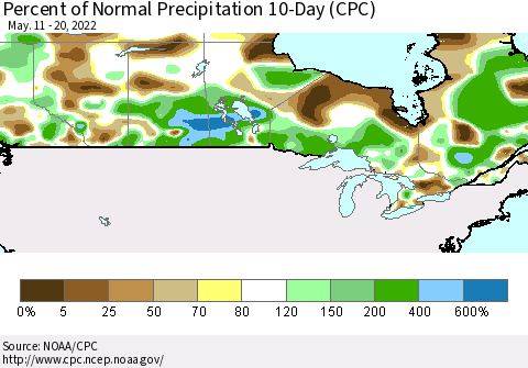 Canada Percent of Normal Precipitation 10-Day (CPC) Thematic Map For 5/11/2022 - 5/20/2022