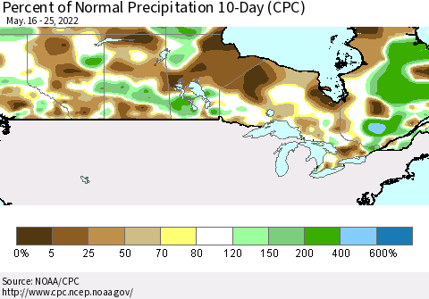Canada Percent of Normal Precipitation 10-Day (CPC) Thematic Map For 5/16/2022 - 5/25/2022