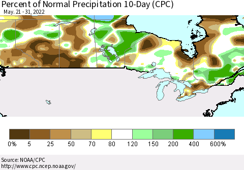 Canada Percent of Normal Precipitation 10-Day (CPC) Thematic Map For 5/21/2022 - 5/31/2022