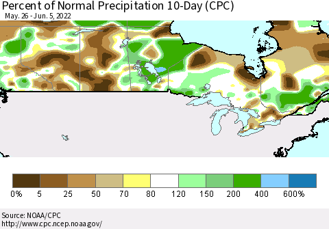 Canada Percent of Normal Precipitation 10-Day (CPC) Thematic Map For 5/26/2022 - 6/5/2022