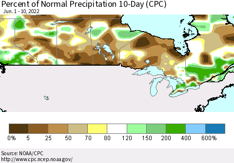 Canada Percent of Normal Precipitation 10-Day (CPC) Thematic Map For 6/1/2022 - 6/10/2022