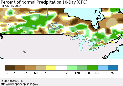 Canada Percent of Normal Precipitation 10-Day (CPC) Thematic Map For 6/6/2022 - 6/15/2022