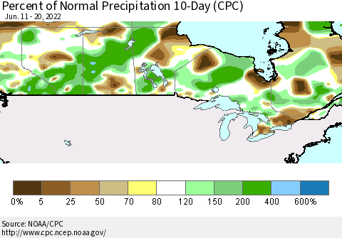 Canada Percent of Normal Precipitation 10-Day (CPC) Thematic Map For 6/11/2022 - 6/20/2022