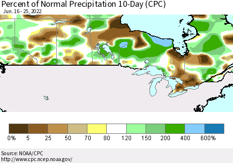 Canada Percent of Normal Precipitation 10-Day (CPC) Thematic Map For 6/16/2022 - 6/25/2022