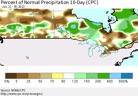 Canada Percent of Normal Precipitation 10-Day (CPC) Thematic Map For 6/21/2022 - 6/30/2022