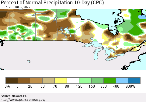 Canada Percent of Normal Precipitation 10-Day (CPC) Thematic Map For 6/26/2022 - 7/5/2022