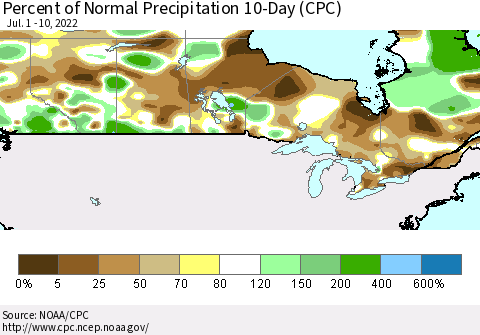 Canada Percent of Normal Precipitation 10-Day (CPC) Thematic Map For 7/1/2022 - 7/10/2022