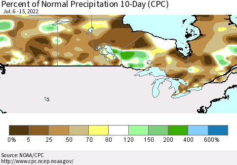 Canada Percent of Normal Precipitation 10-Day (CPC) Thematic Map For 7/6/2022 - 7/15/2022