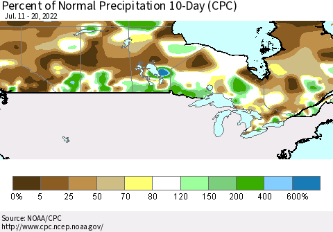 Canada Percent of Normal Precipitation 10-Day (CPC) Thematic Map For 7/11/2022 - 7/20/2022
