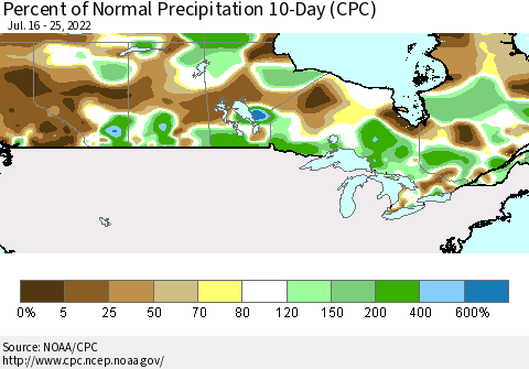 Canada Percent of Normal Precipitation 10-Day (CPC) Thematic Map For 7/16/2022 - 7/25/2022