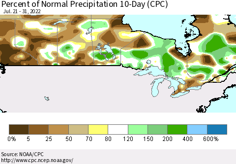 Canada Percent of Normal Precipitation 10-Day (CPC) Thematic Map For 7/21/2022 - 7/31/2022