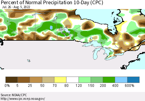 Canada Percent of Normal Precipitation 10-Day (CPC) Thematic Map For 7/26/2022 - 8/5/2022