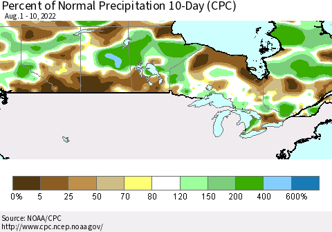Canada Percent of Normal Precipitation 10-Day (CPC) Thematic Map For 8/1/2022 - 8/10/2022