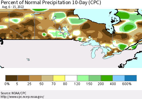 Canada Percent of Normal Precipitation 10-Day (CPC) Thematic Map For 8/6/2022 - 8/15/2022