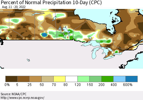 Canada Percent of Normal Precipitation 10-Day (CPC) Thematic Map For 8/11/2022 - 8/20/2022