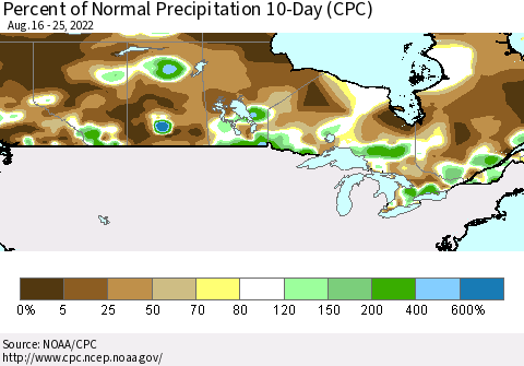 Canada Percent of Normal Precipitation 10-Day (CPC) Thematic Map For 8/16/2022 - 8/25/2022