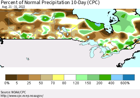 Canada Percent of Normal Precipitation 10-Day (CPC) Thematic Map For 8/21/2022 - 8/31/2022