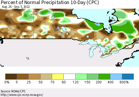 Canada Percent of Normal Precipitation 10-Day (CPC) Thematic Map For 8/26/2022 - 9/5/2022