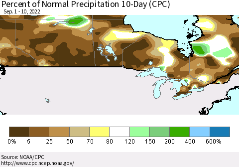 Canada Percent of Normal Precipitation 10-Day (CPC) Thematic Map For 9/1/2022 - 9/10/2022