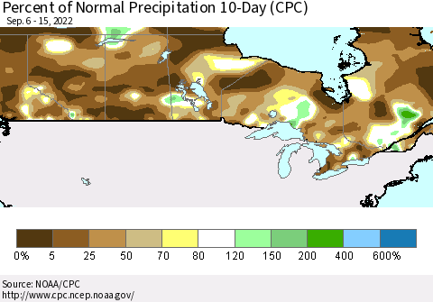 Canada Percent of Normal Precipitation 10-Day (CPC) Thematic Map For 9/6/2022 - 9/15/2022