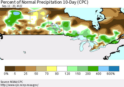 Canada Percent of Normal Precipitation 10-Day (CPC) Thematic Map For 9/11/2022 - 9/20/2022