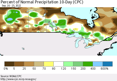 Canada Percent of Normal Precipitation 10-Day (CPC) Thematic Map For 9/16/2022 - 9/25/2022
