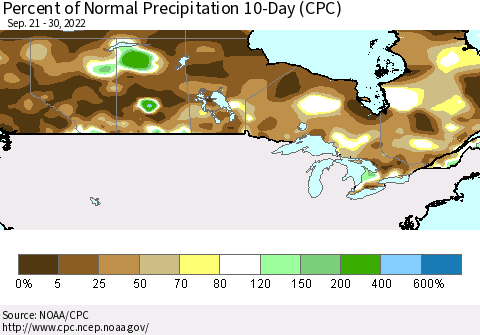 Canada Percent of Normal Precipitation 10-Day (CPC) Thematic Map For 9/21/2022 - 9/30/2022