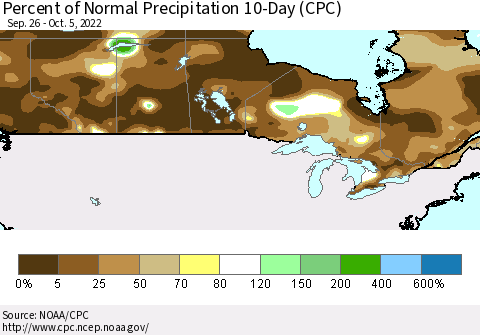 Canada Percent of Normal Precipitation 10-Day (CPC) Thematic Map For 9/26/2022 - 10/5/2022