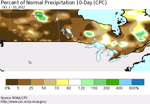 Canada Percent of Normal Precipitation 10-Day (CPC) Thematic Map For 10/1/2022 - 10/10/2022