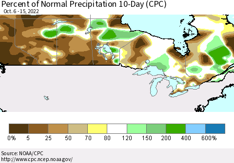 Canada Percent of Normal Precipitation 10-Day (CPC) Thematic Map For 10/6/2022 - 10/15/2022