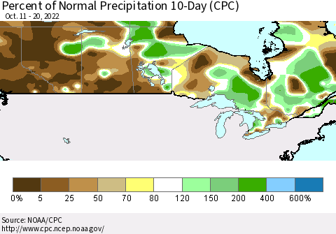 Canada Percent of Normal Precipitation 10-Day (CPC) Thematic Map For 10/11/2022 - 10/20/2022