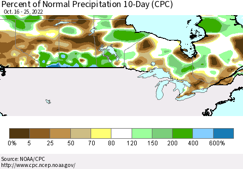 Canada Percent of Normal Precipitation 10-Day (CPC) Thematic Map For 10/16/2022 - 10/25/2022