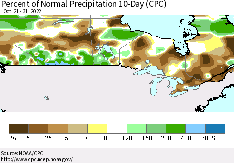 Canada Percent of Normal Precipitation 10-Day (CPC) Thematic Map For 10/21/2022 - 10/31/2022