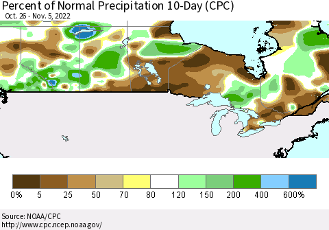 Canada Percent of Normal Precipitation 10-Day (CPC) Thematic Map For 10/26/2022 - 11/5/2022