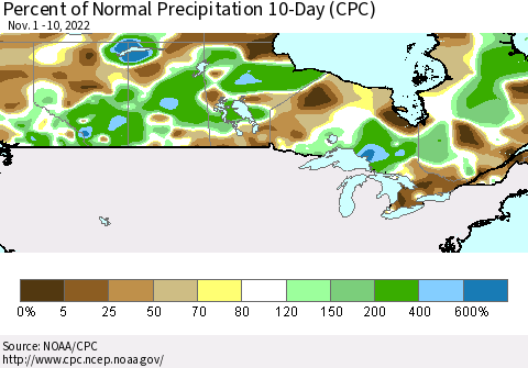 Canada Percent of Normal Precipitation 10-Day (CPC) Thematic Map For 11/1/2022 - 11/10/2022