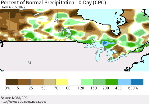 Canada Percent of Normal Precipitation 10-Day (CPC) Thematic Map For 11/6/2022 - 11/15/2022