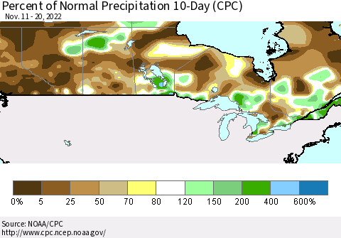 Canada Percent of Normal Precipitation 10-Day (CPC) Thematic Map For 11/11/2022 - 11/20/2022