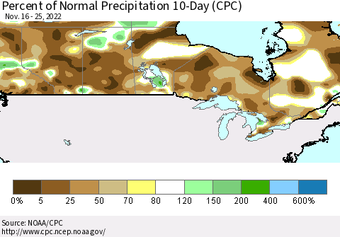 Canada Percent of Normal Precipitation 10-Day (CPC) Thematic Map For 11/16/2022 - 11/25/2022