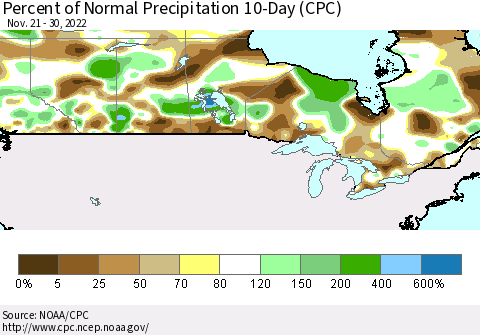 Canada Percent of Normal Precipitation 10-Day (CPC) Thematic Map For 11/21/2022 - 11/30/2022
