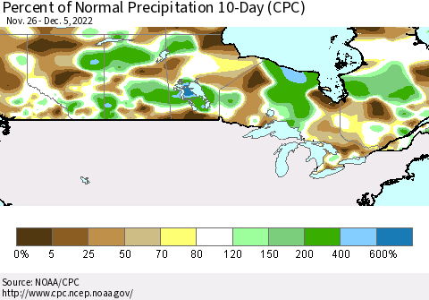 Canada Percent of Normal Precipitation 10-Day (CPC) Thematic Map For 11/26/2022 - 12/5/2022