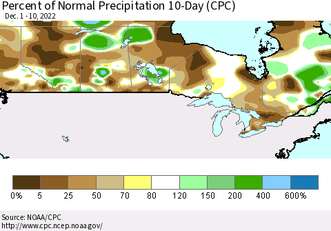 Canada Percent of Normal Precipitation 10-Day (CPC) Thematic Map For 12/1/2022 - 12/10/2022