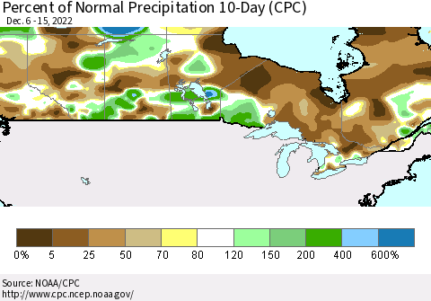 Canada Percent of Normal Precipitation 10-Day (CPC) Thematic Map For 12/6/2022 - 12/15/2022