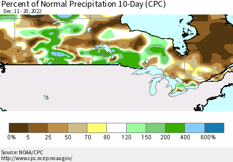 Canada Percent of Normal Precipitation 10-Day (CPC) Thematic Map For 12/11/2022 - 12/20/2022