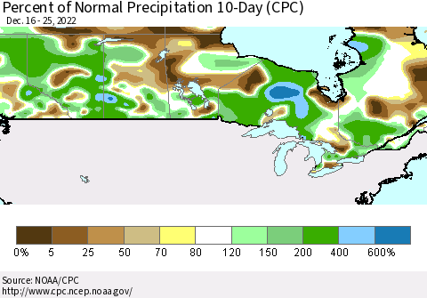 Canada Percent of Normal Precipitation 10-Day (CPC) Thematic Map For 12/16/2022 - 12/25/2022