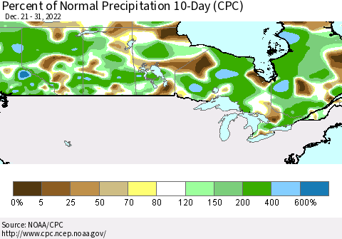 Canada Percent of Normal Precipitation 10-Day (CPC) Thematic Map For 12/21/2022 - 12/31/2022