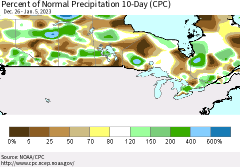 Canada Percent of Normal Precipitation 10-Day (CPC) Thematic Map For 12/26/2022 - 1/5/2023