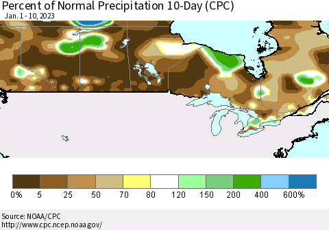 Canada Percent of Normal Precipitation 10-Day (CPC) Thematic Map For 1/1/2023 - 1/10/2023