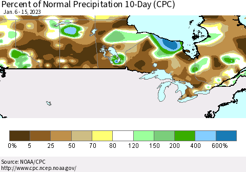 Canada Percent of Normal Precipitation 10-Day (CPC) Thematic Map For 1/6/2023 - 1/15/2023