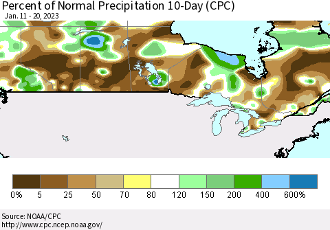 Canada Percent of Normal Precipitation 10-Day (CPC) Thematic Map For 1/11/2023 - 1/20/2023