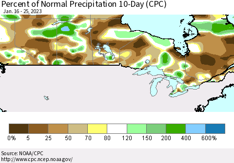 Canada Percent of Normal Precipitation 10-Day (CPC) Thematic Map For 1/16/2023 - 1/25/2023